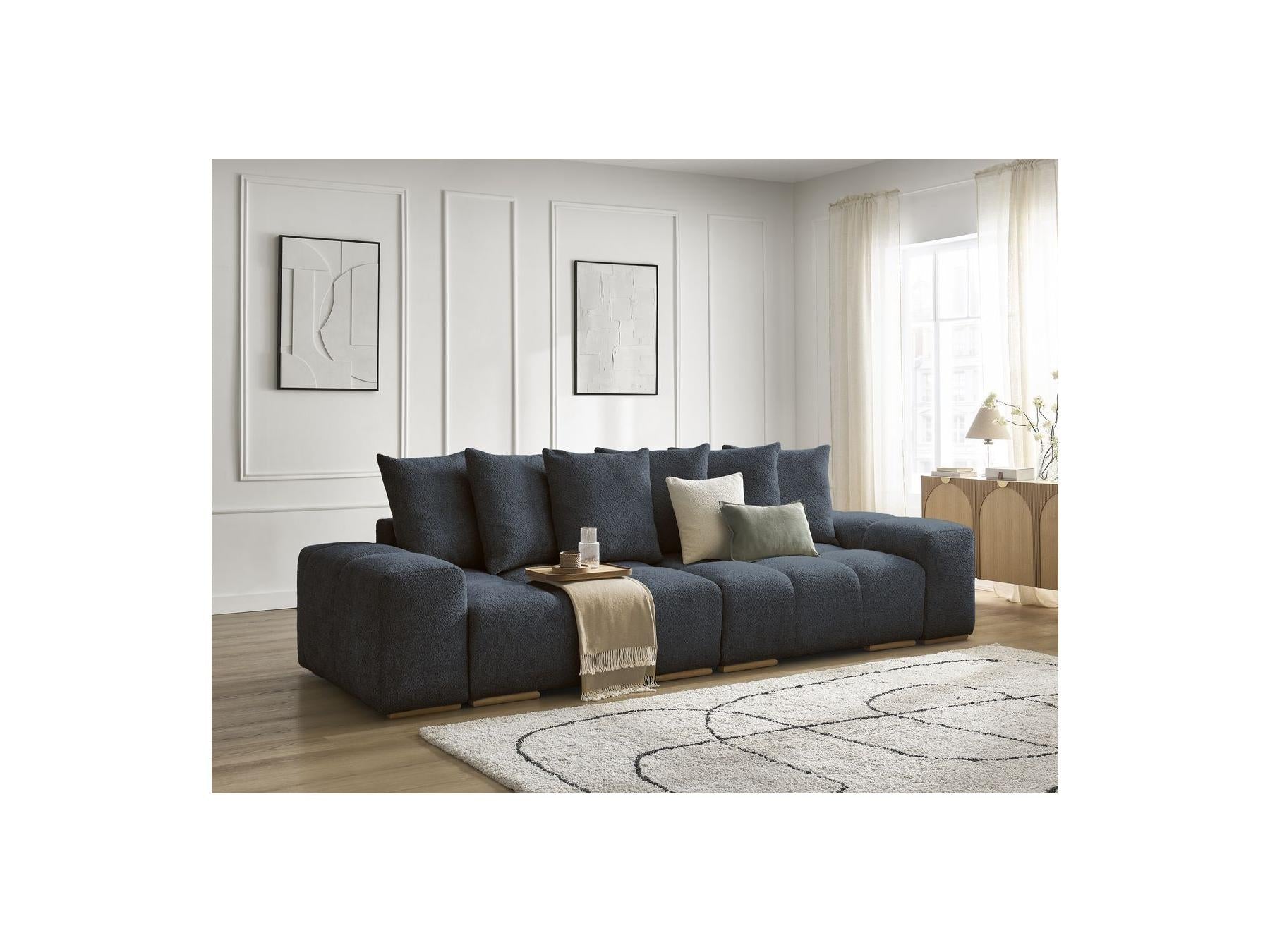 Anakin - Canapé Droit Convertible Coffre - Tissu Bouclette - 6 Coussins