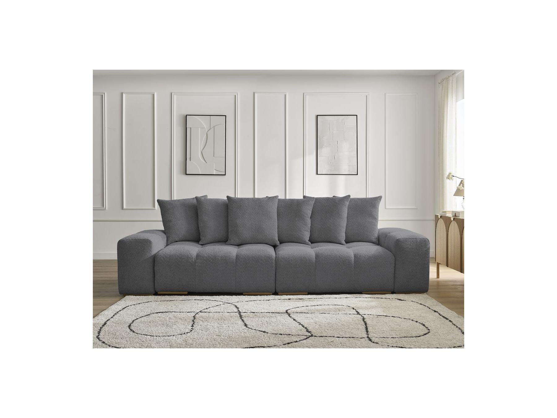 Anakin - Canapé Droit Convertible Coffre - Tissu Bouclette - 6 Coussins