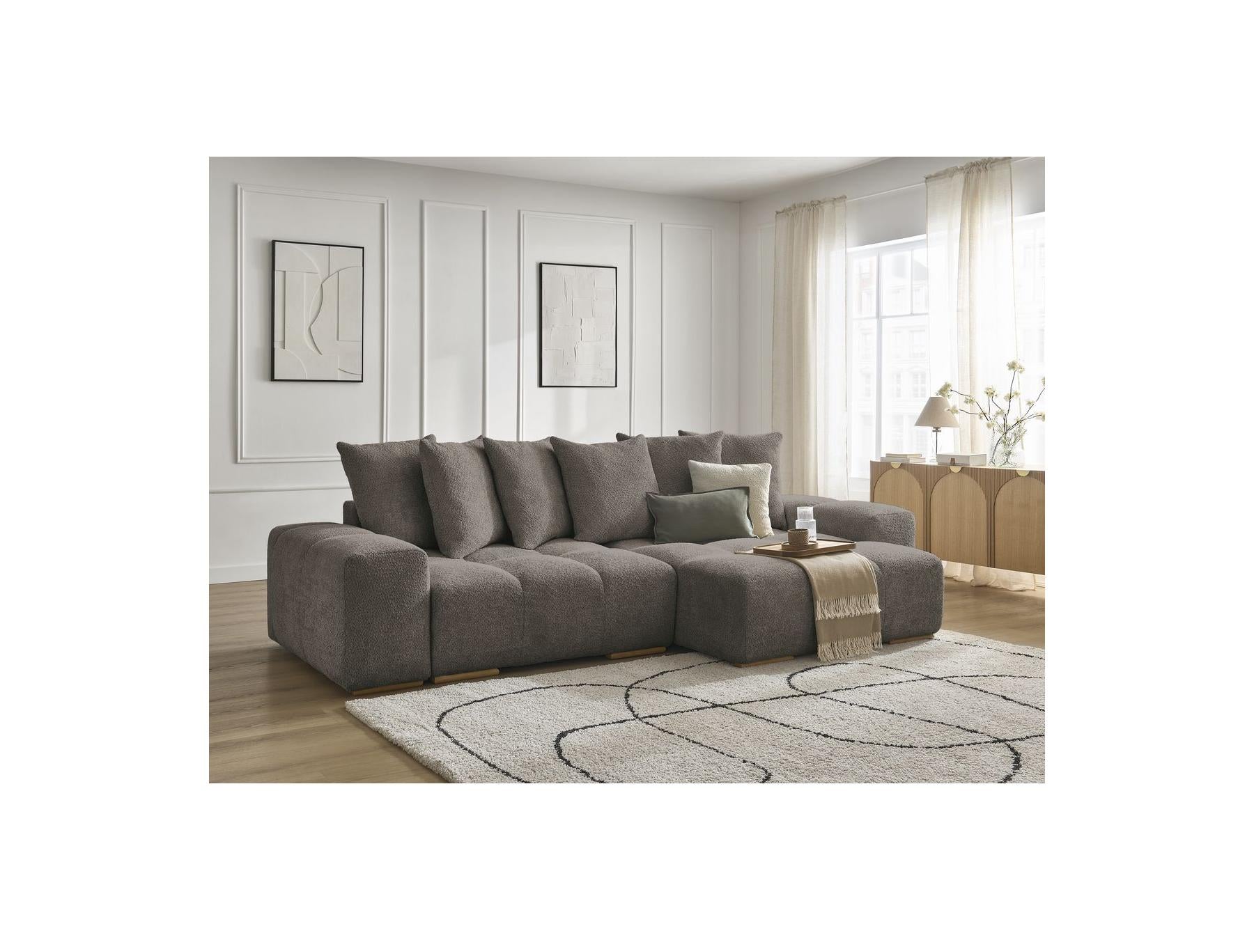 Anakin - Canapé D'Angle Convertible Réversible Coffre - Tissu Bouclette - 6 Coussins