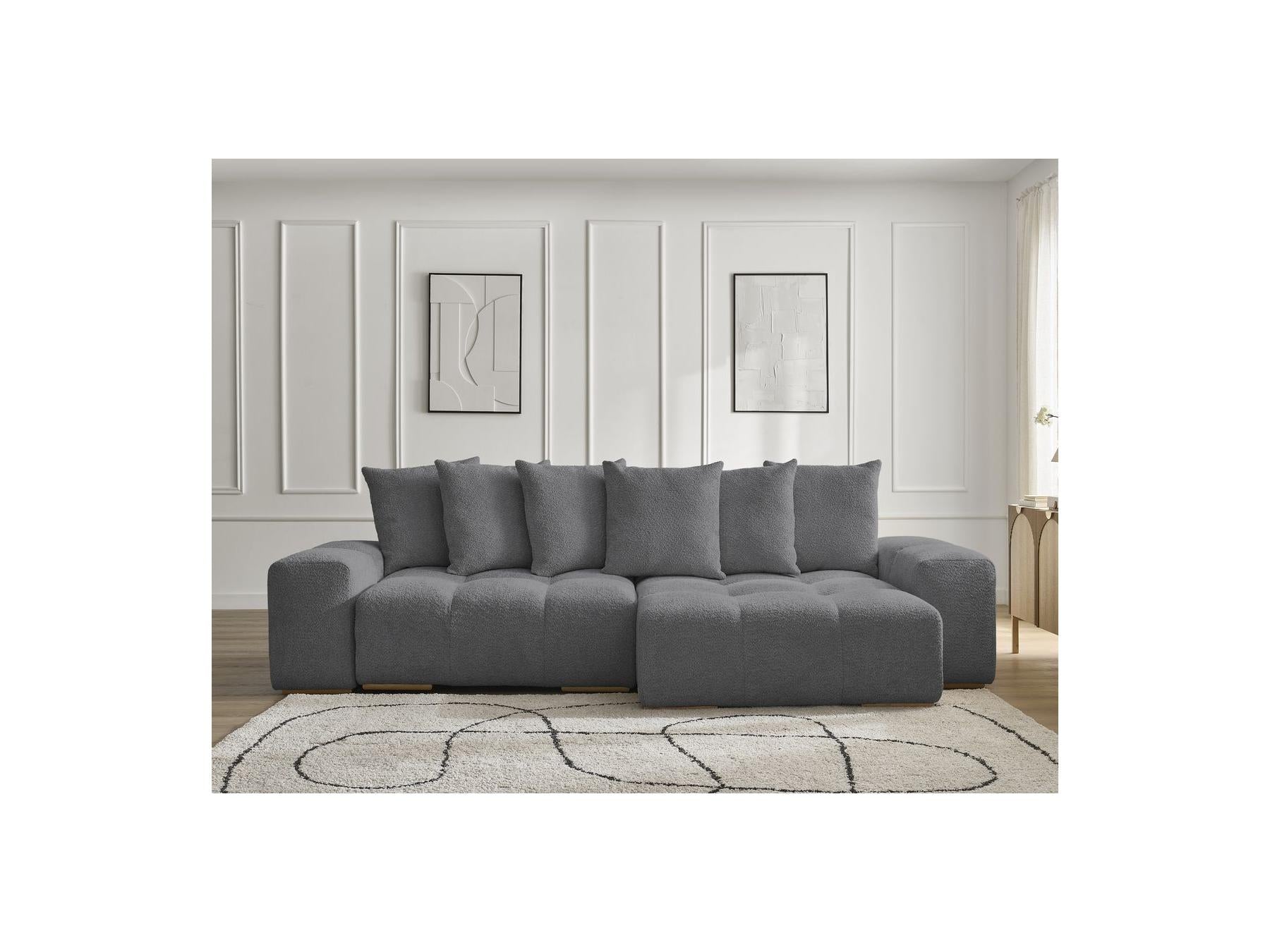 Anakin - Canapé D'Angle Convertible Réversible Coffre - Tissu Bouclette - 6 Coussins