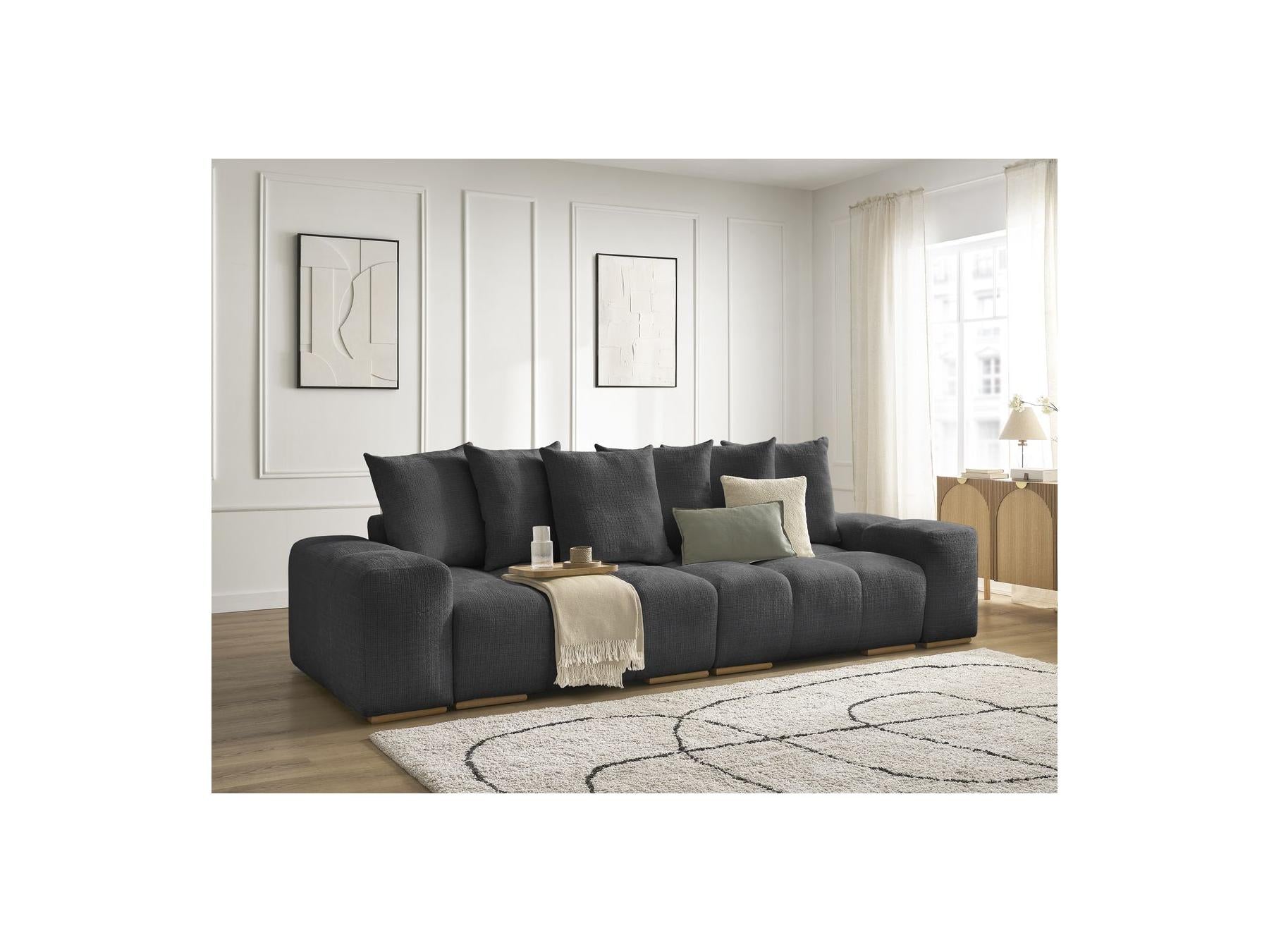 Anakin - Canapé Droit Convertible Coffre - Tissu Texturé - 6 Coussins