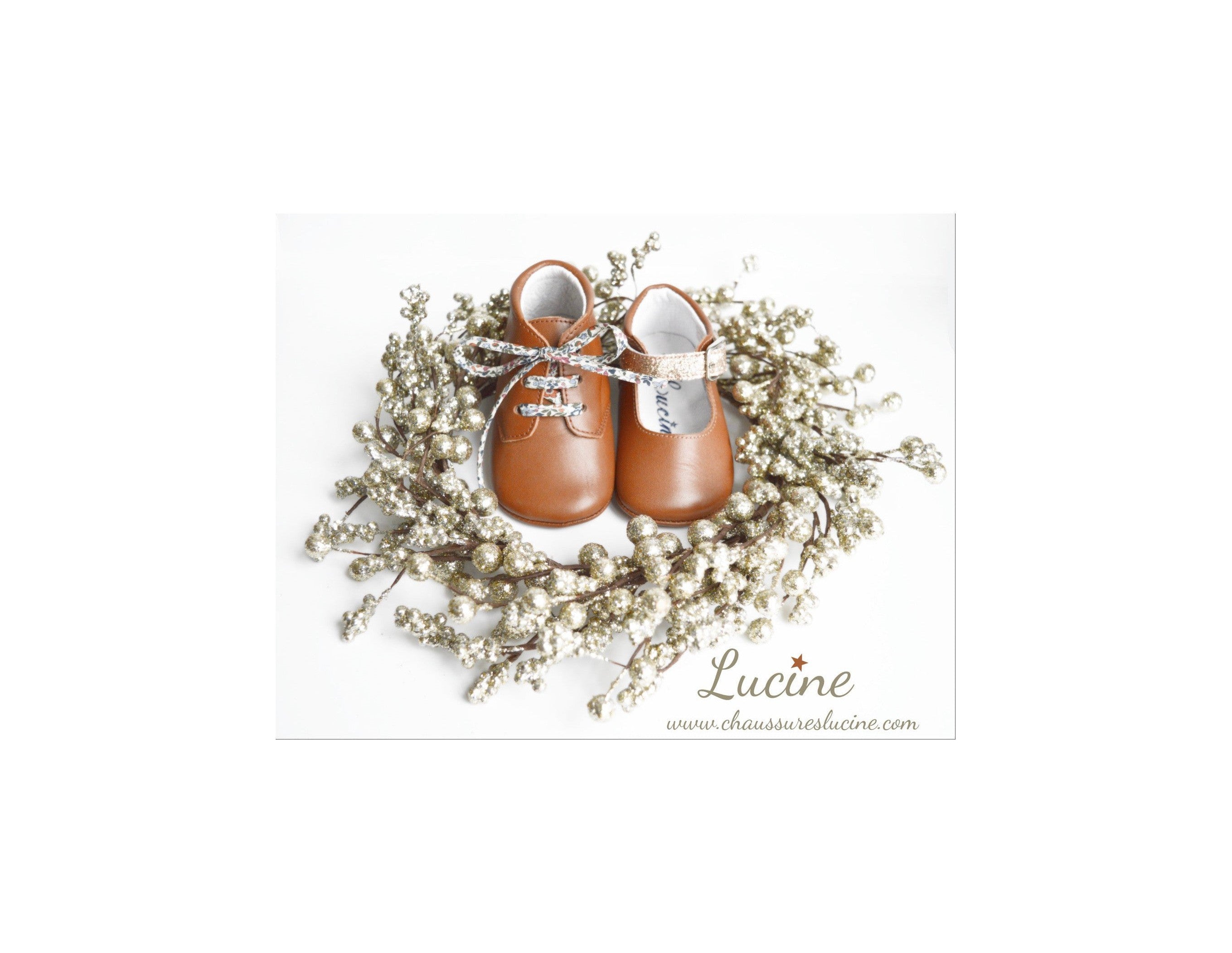 Chaussons Bébé Souples Antidérapants Fille À Boucle Mini-Alice - Cuir Camel Et Paillettes Or - Fille
