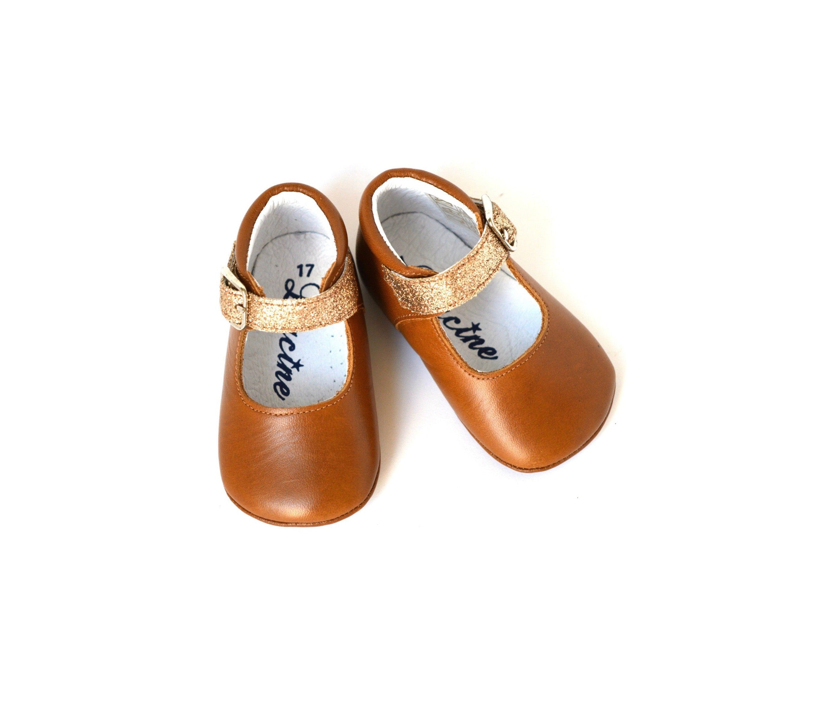 Chaussons Bébé Souples Antidérapants Fille À Boucle Mini-Alice - Cuir Camel Et Paillettes Or - Fille