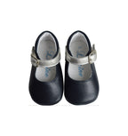 Chaussons Bébé Souples Antidérapants Fille À Boucle Mini-Alice - Cuir Marine Et Argent - Fille