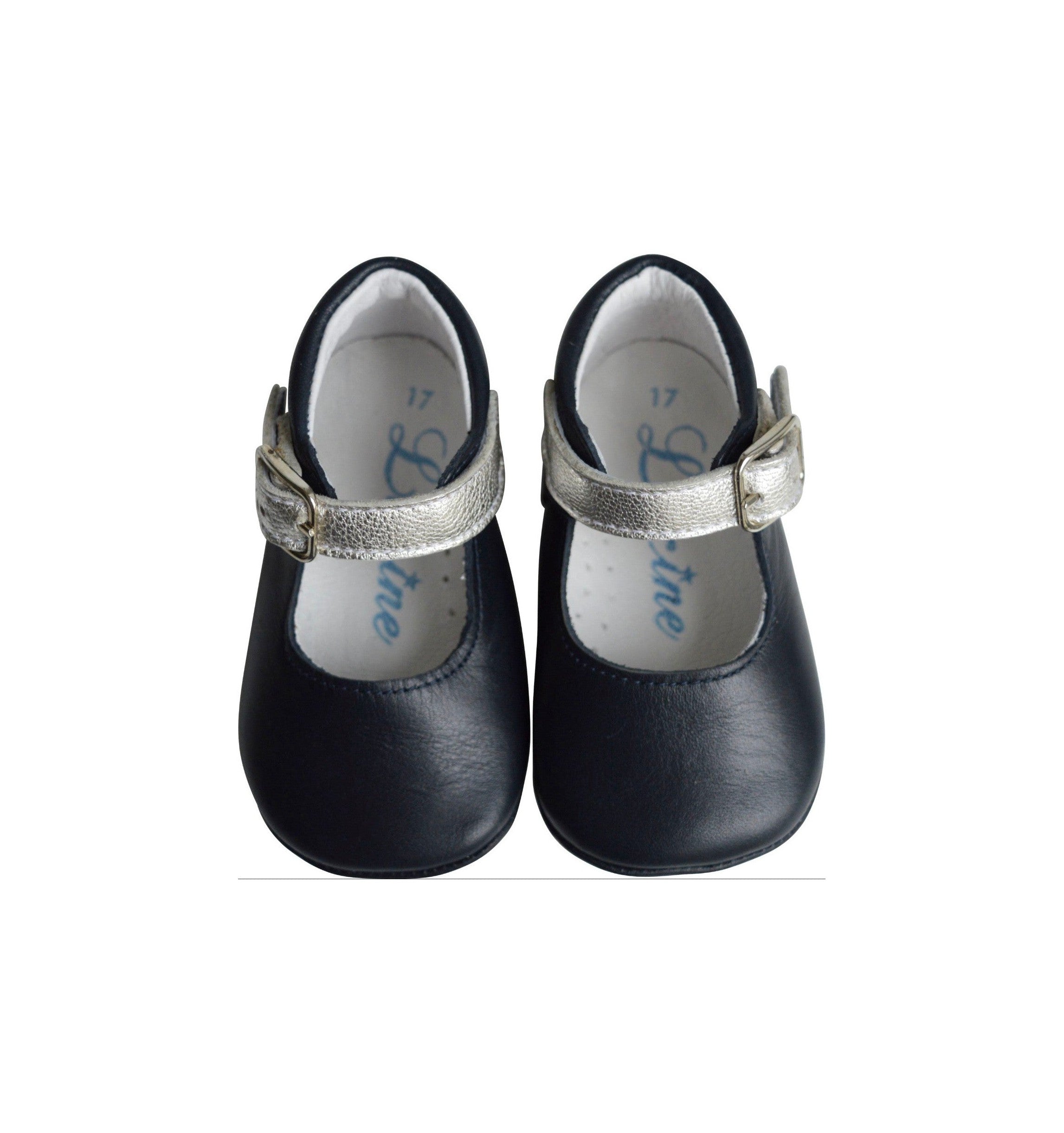 Chaussons Bébé Souples Antidérapants Fille À Boucle Mini-Alice - Cuir Marine Et Argent - Fille
