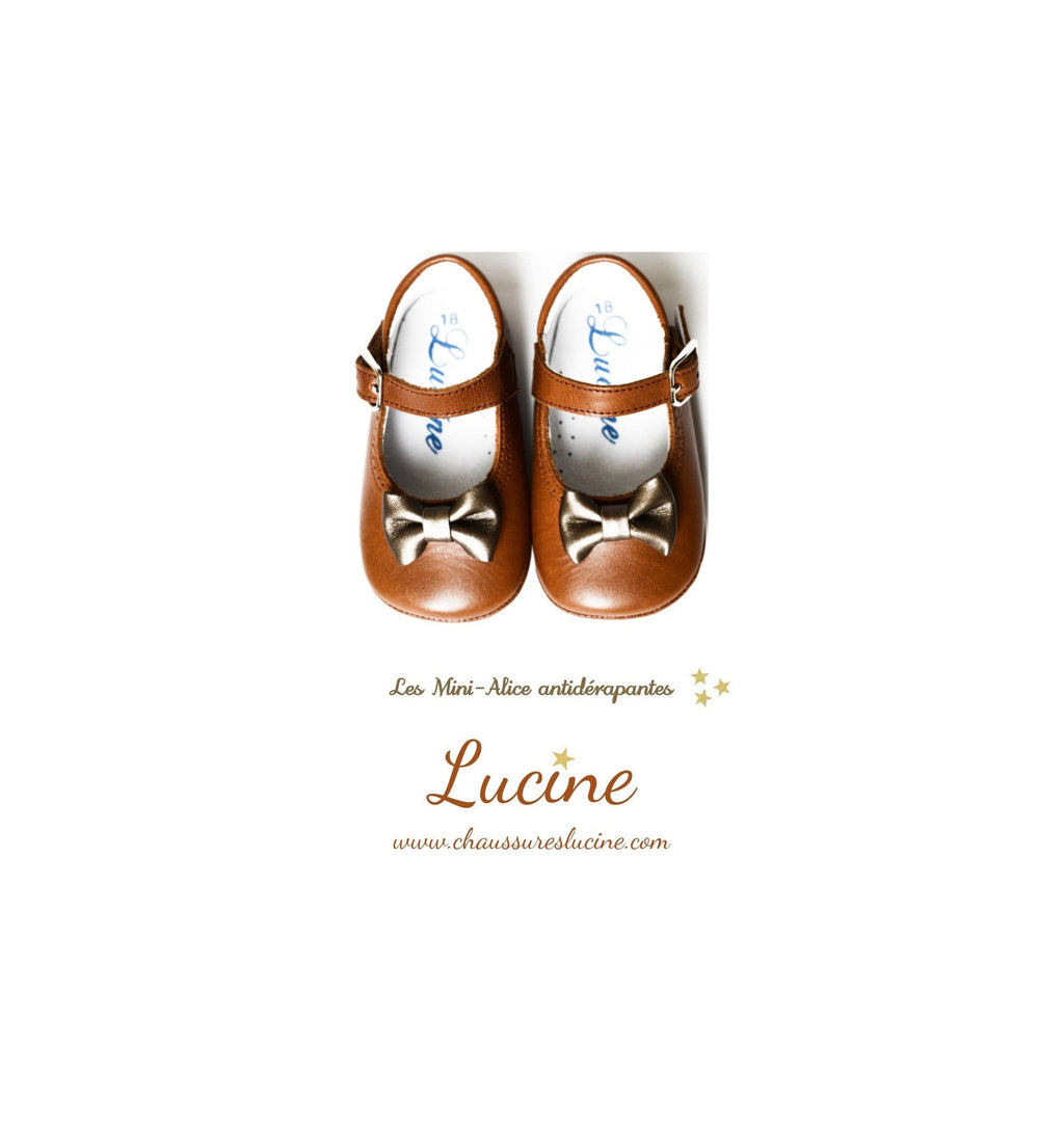 Chaussons Bébé Souples Antidérapants Fille À Boucle Mini-Alice Noeud - Cuir Camel - Fille