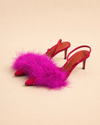 Pia Sling In Red Suede & Purple Turkey Feathers