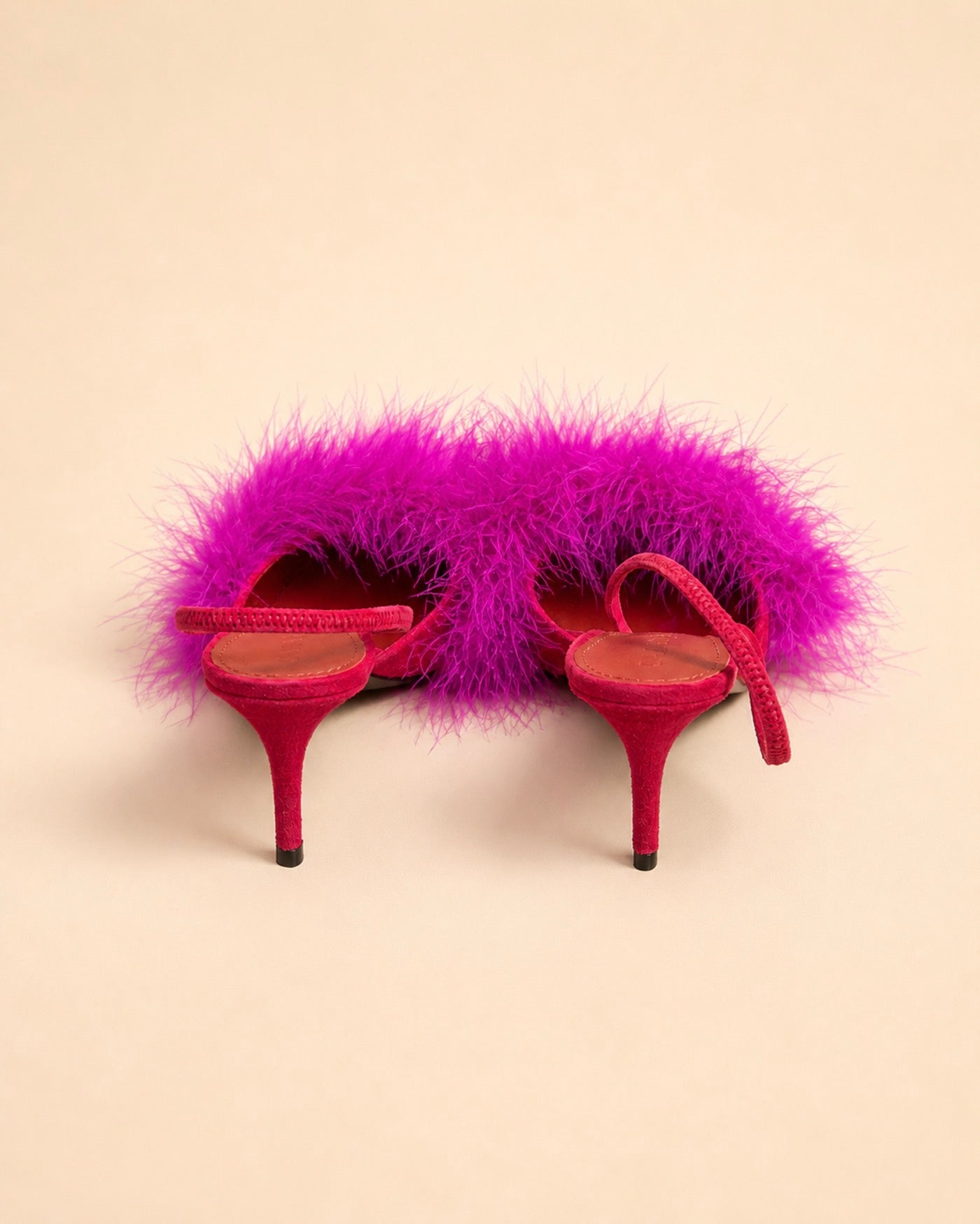 Pia Sling In Red Suede & Purple Turkey Feathers