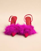 Pia Sling In Red Suede & Purple Turkey Feathers