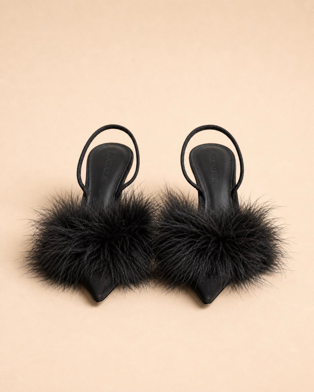 Pia Sling In Black Suede & Turkey Feathers