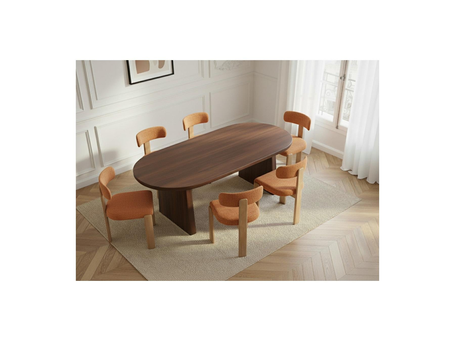 Pablo - Ensemble Avec Table À Manger Ovale Placage Noyer + Chaises Tanya Tissu Texturé - Lot De 6 Chaises