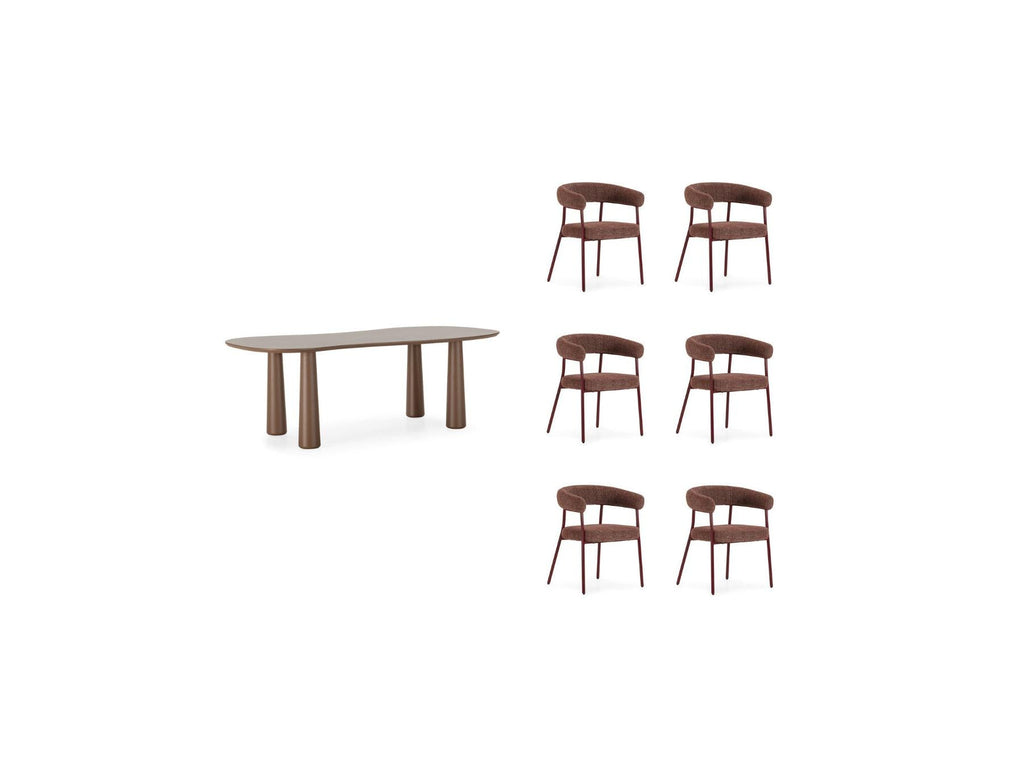 Sasha - Ensemble Avec Table À Manger Ovale + Chaises Rosa Tissu Texturé Marron - Lot De 6 Chaises