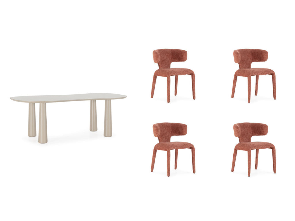 Sasha - Ensemble - Avec Table À Manger Ovale Beige + Chaises Mila Tissu Texturé - Lot De 4 Chaises