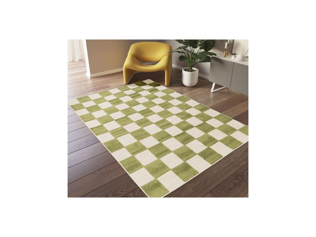 Gaelle - Tapis Poils Ras - Motif Damier - Vert
