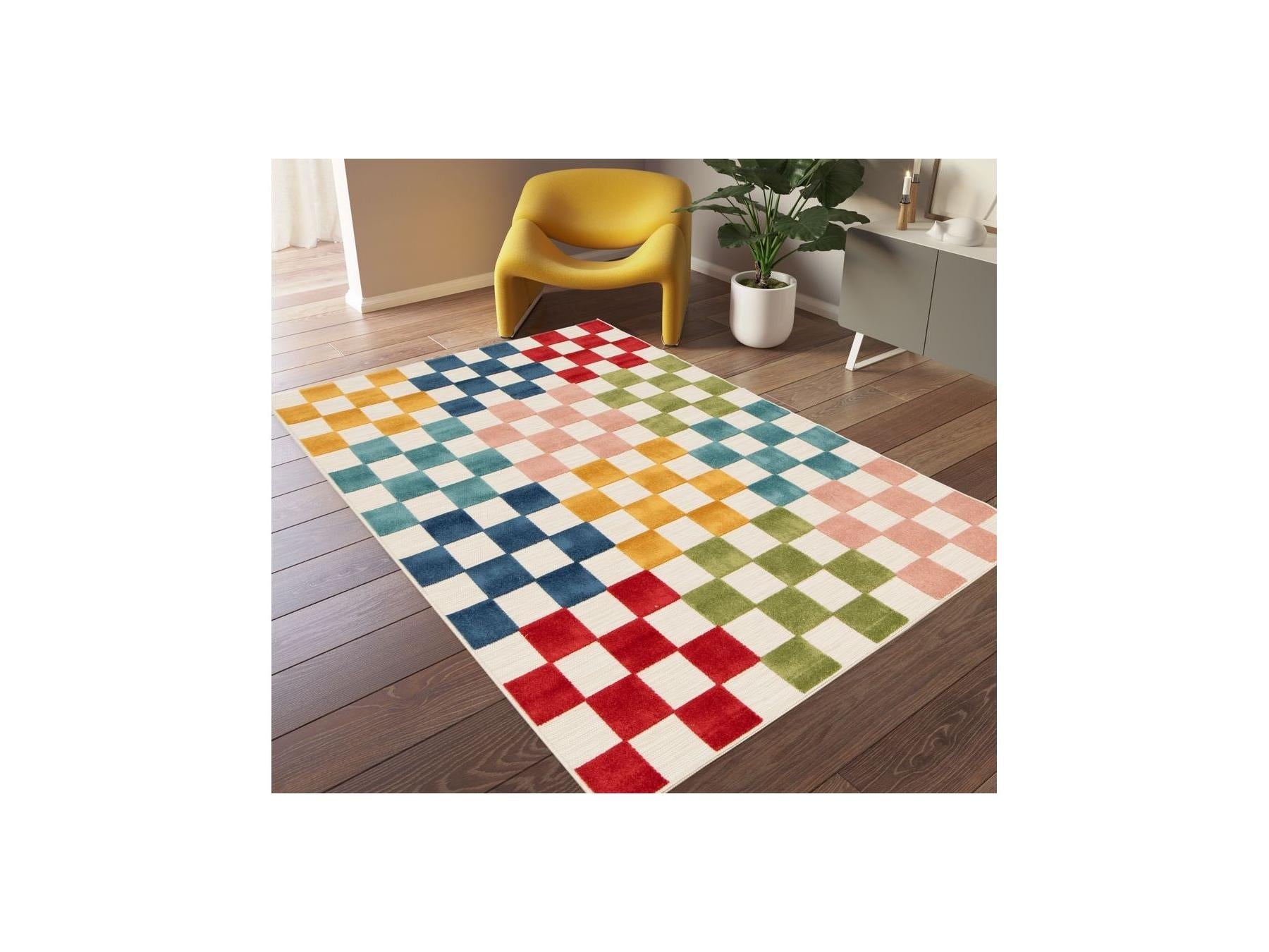 Gabrielle - Tapis Poils Ras - Motif Damier - Multicolore