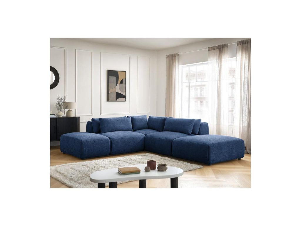 Jana - Canapé D'Angle Fixe Modulable Avec Têtières - Tissu Texturé Avec 2 Chauffeuses, 1 Angle Et 2 Poufs - Réversible