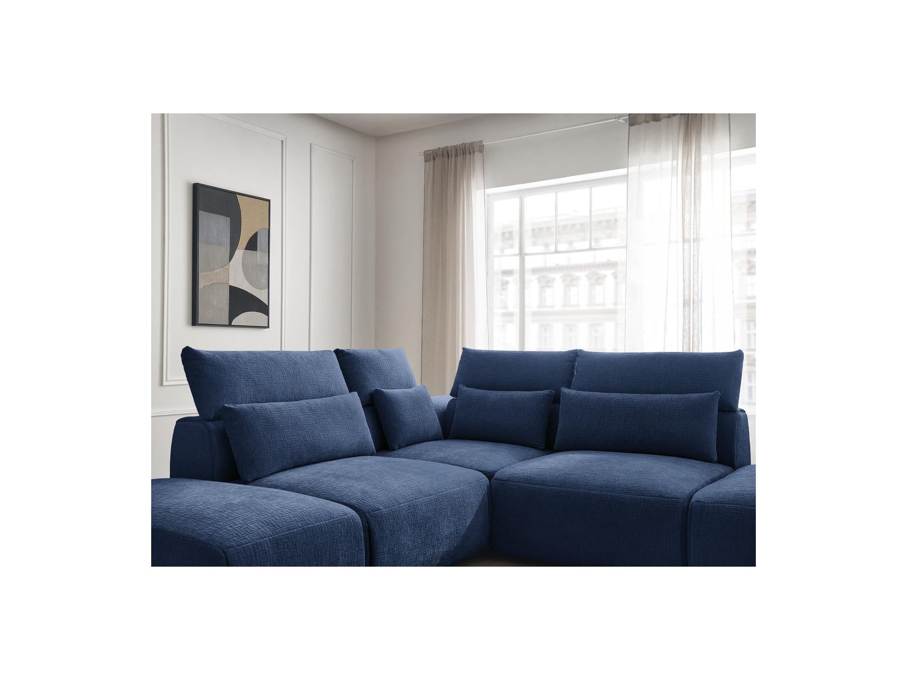 Jana - Canapé D'Angle Fixe Modulable Avec Têtières - Tissu Texturé Avec 2 Chauffeuses, 1 Angle Et 2 Poufs - Réversible