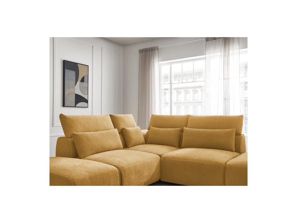Jana - Canapé D'Angle Fixe Modulable Avec Têtières - Tissu Texturé Avec 2 Chauffeuses, 1 Angle Et 2 Poufs - Réversible