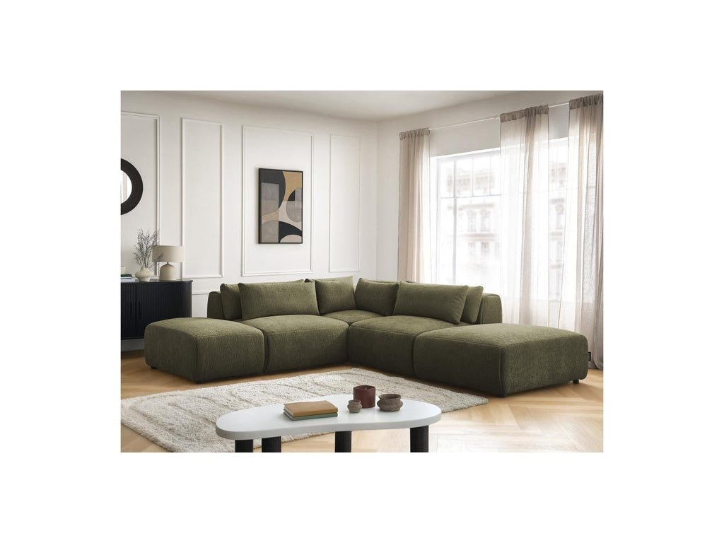 Jana - Canapé D'Angle Fixe Modulable Avec Têtières - Tissu Texturé Avec 2 Chauffeuses, 1 Angle Et 2 Poufs - Réversible
