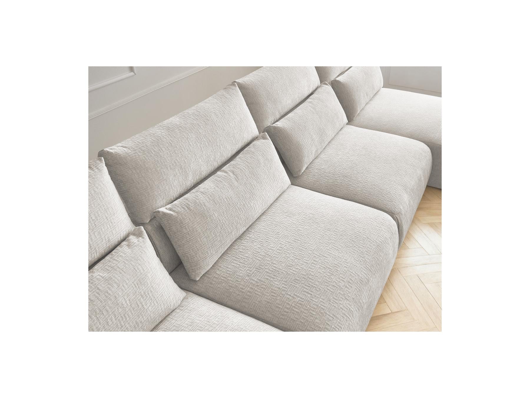 Jana - Canapé Panoramique Fixe Modulable Avec Têtières - Tissu Texturé Avec 2 Méridiennes Et 2 Chauffeuses