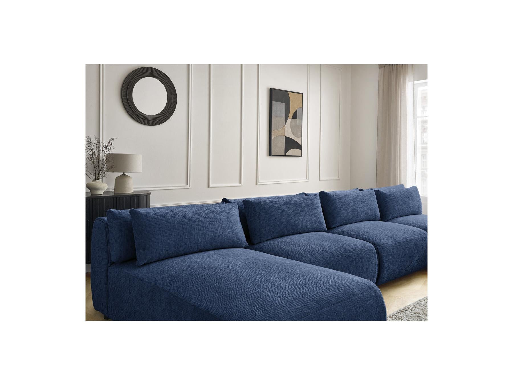 Jana - Canapé Panoramique Fixe Modulable Avec Têtières - Tissu Texturé Avec 2 Méridiennes Et 2 Chauffeuses