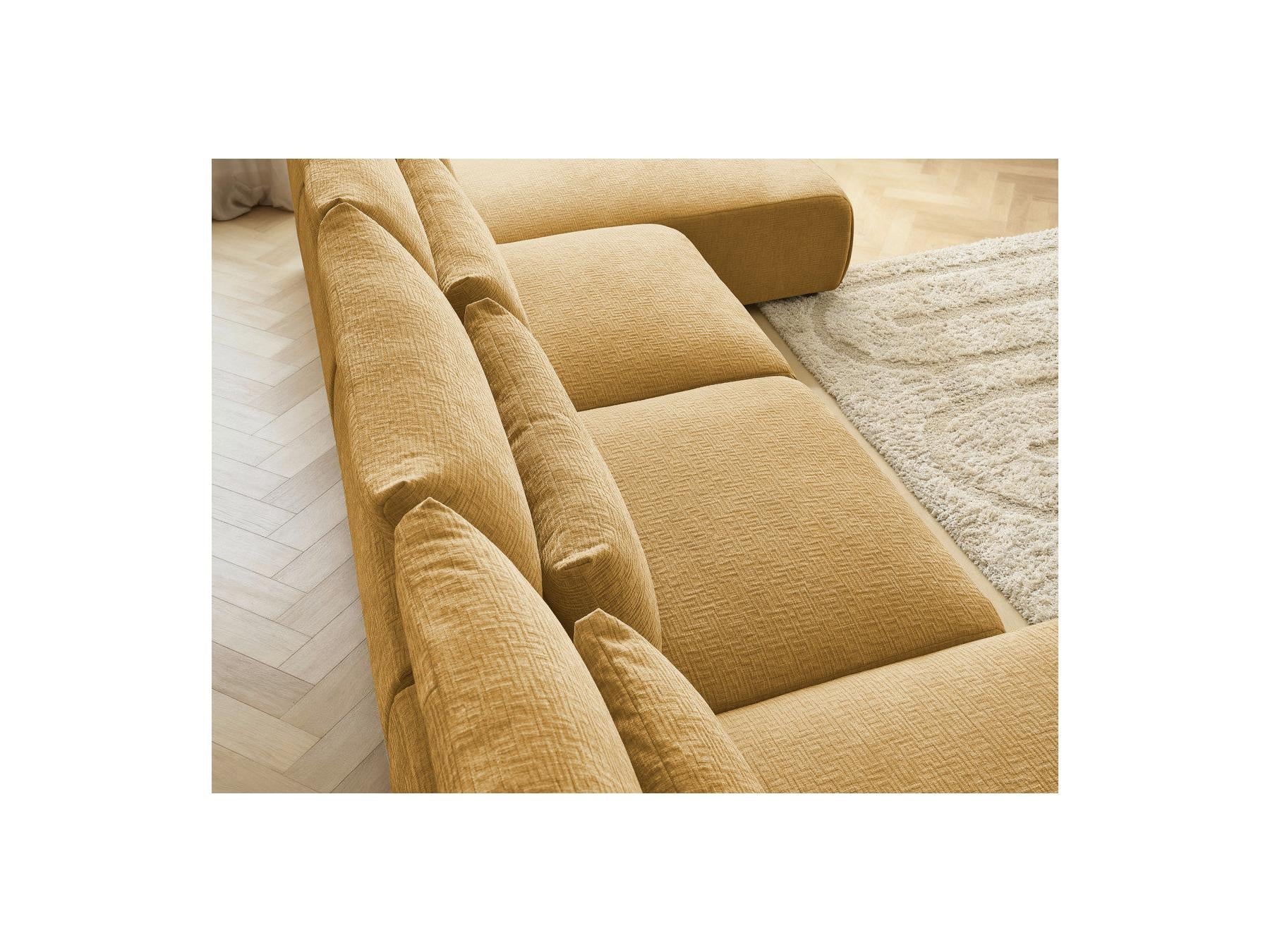 Jana - Canapé Panoramique Fixe Modulable Avec Têtières - Tissu Texturé Avec 2 Méridiennes Et 2 Chauffeuses