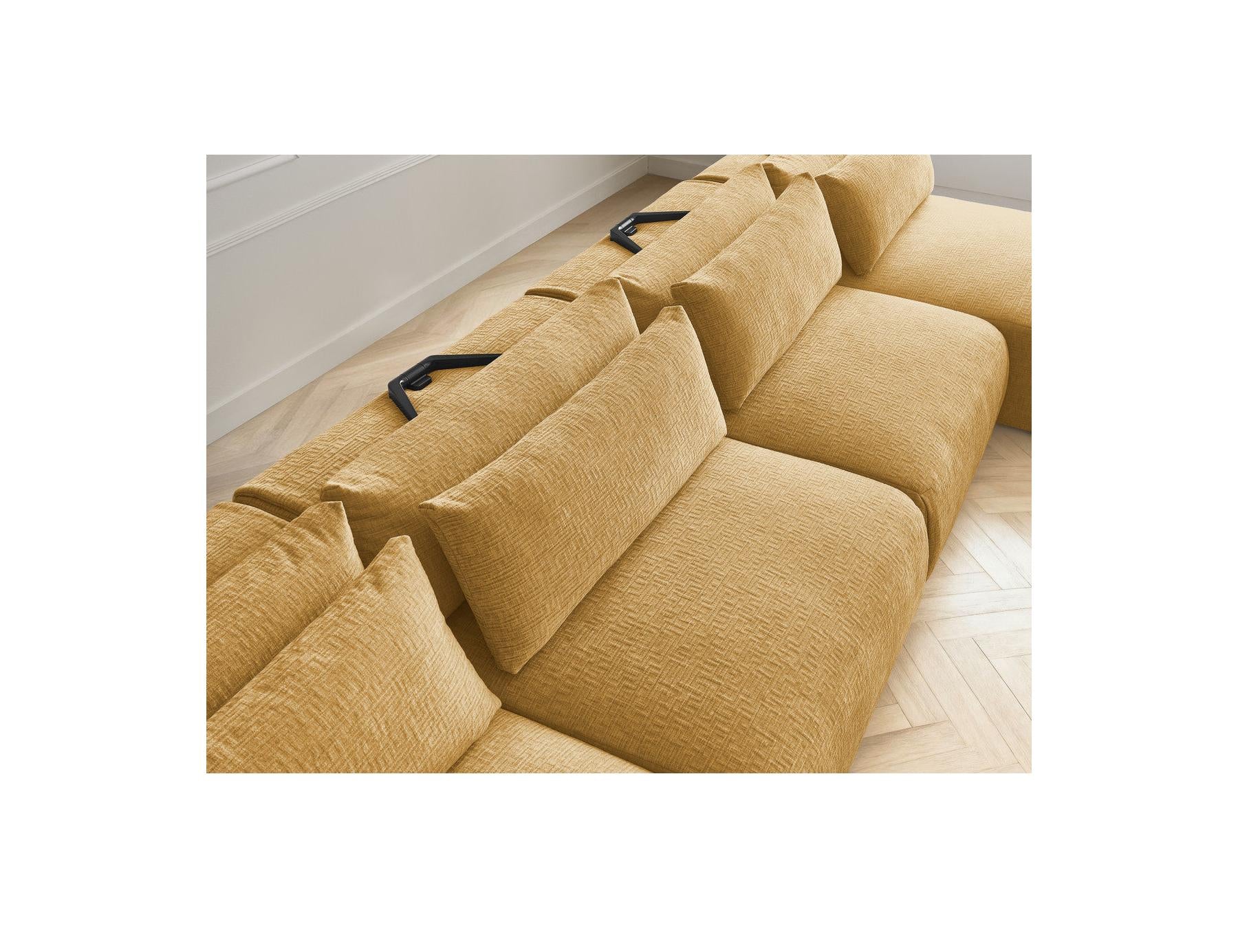Jana - Canapé Panoramique Fixe Modulable Avec Têtières - Tissu Texturé Avec 2 Méridiennes Et 2 Chauffeuses