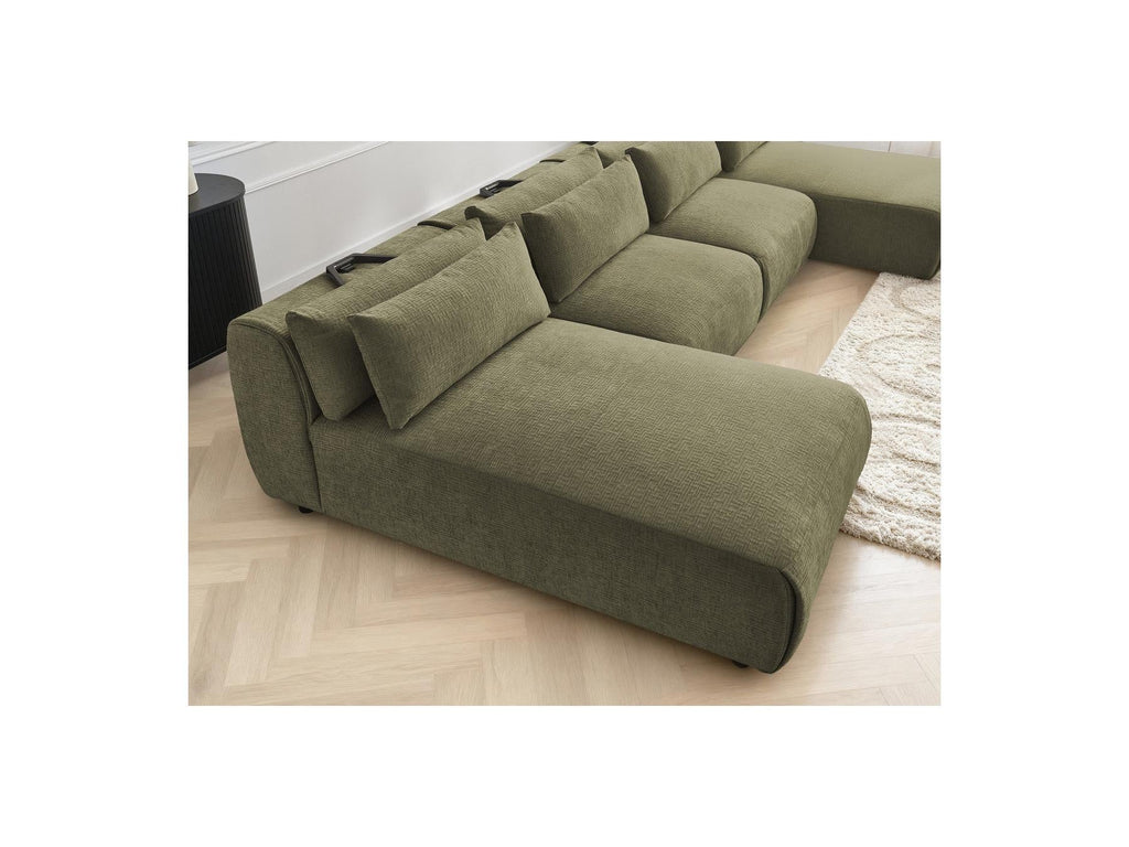 Jana - Canapé Panoramique Fixe Modulable Avec Têtières - Tissu Texturé Avec 2 Méridiennes Et 2 Chauffeuses