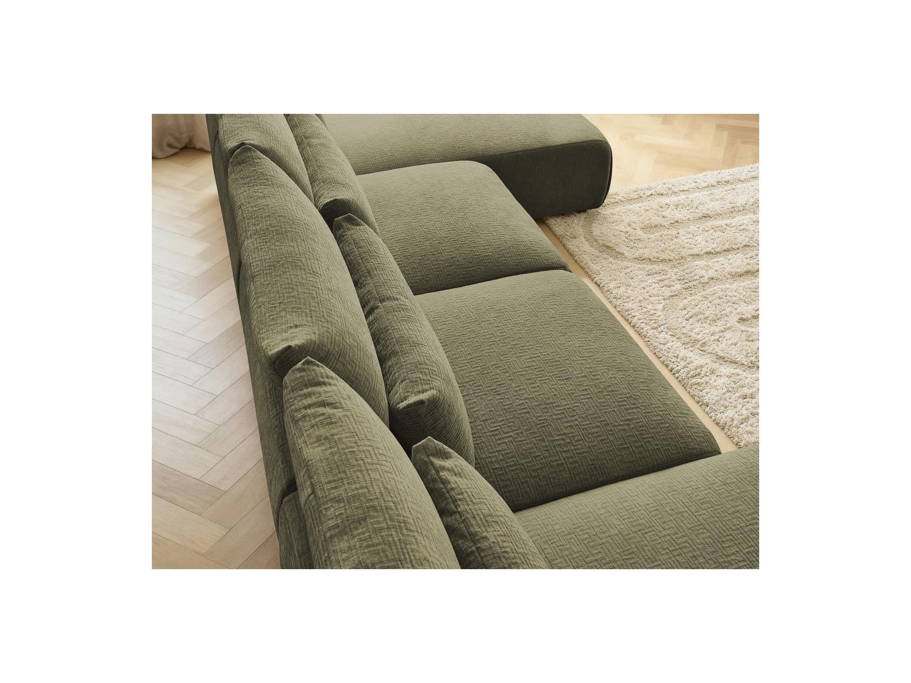 Jana - Canapé Panoramique Fixe Modulable Avec Têtières - Tissu Texturé Avec 2 Méridiennes Et 2 Chauffeuses