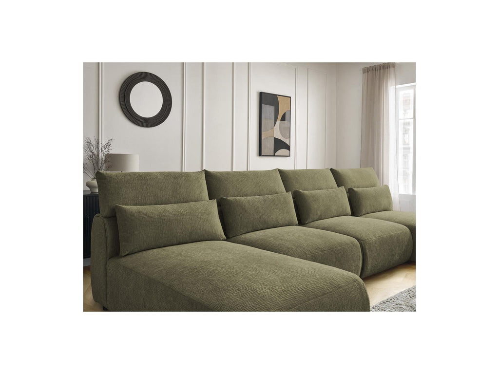 Jana - Canapé Panoramique Fixe Modulable Avec Têtières - Tissu Texturé Avec 2 Méridiennes Et 2 Chauffeuses