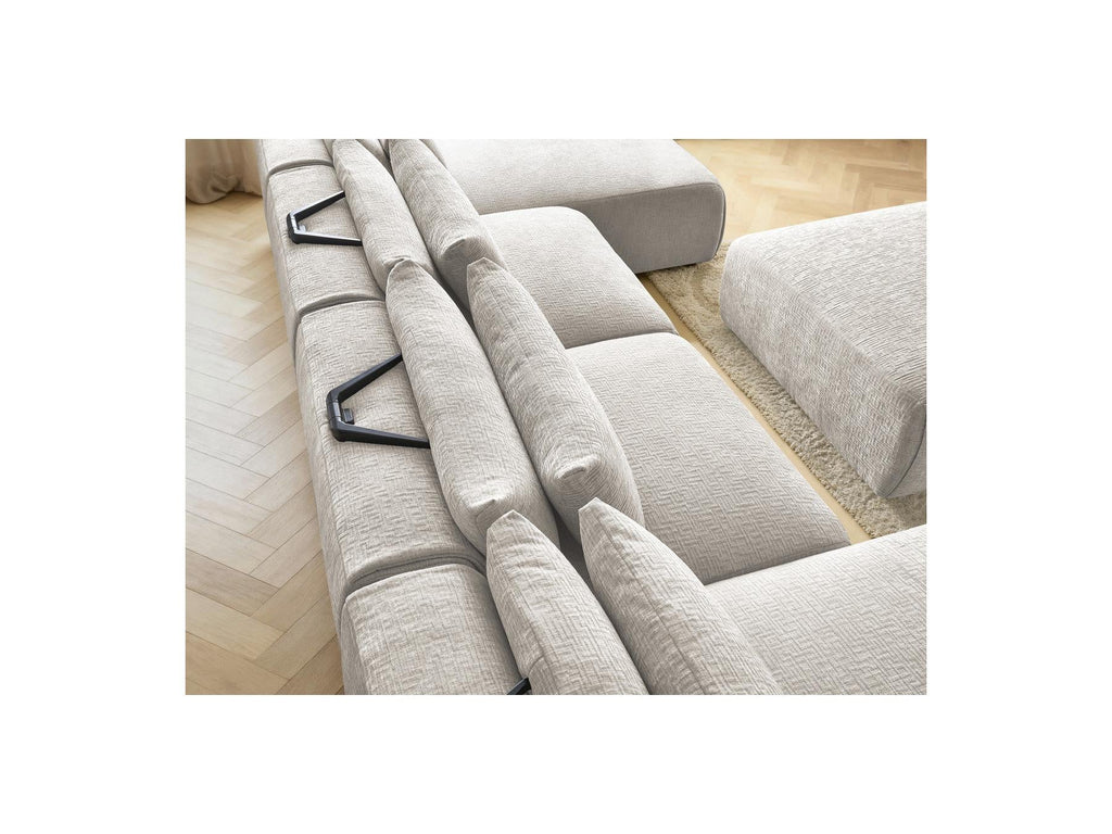 Jana - Canapé Panoramique Fixe Modulable Avec Têtières - Tissu Texturé Avec 2 Méridiennes, 2 Chauffeuses Et 1 Grand Pouf