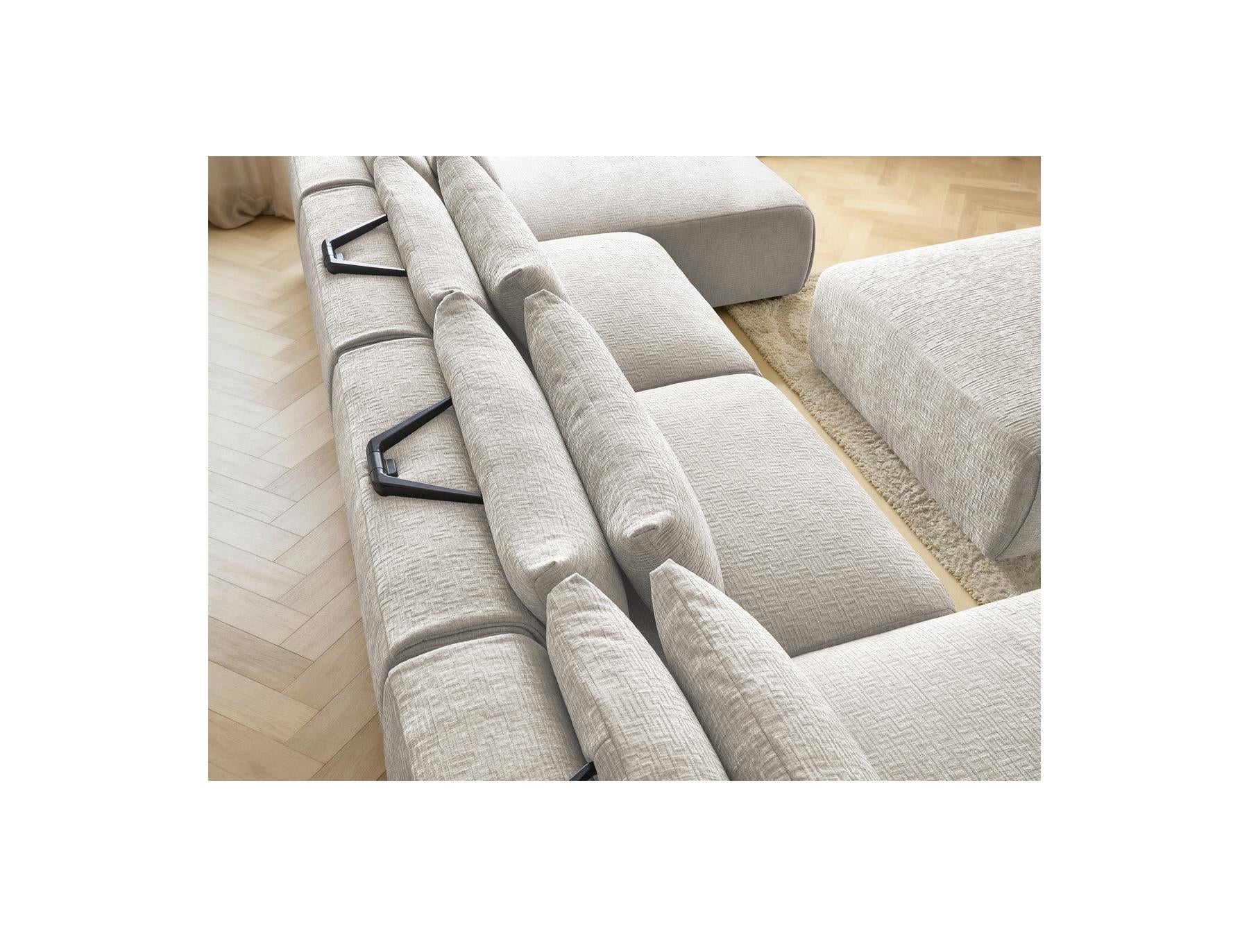 Jana - Canapé Panoramique Fixe Modulable Avec Têtières - Tissu Texturé Avec 2 Méridiennes, 2 Chauffeuses Et 1 Grand Pouf