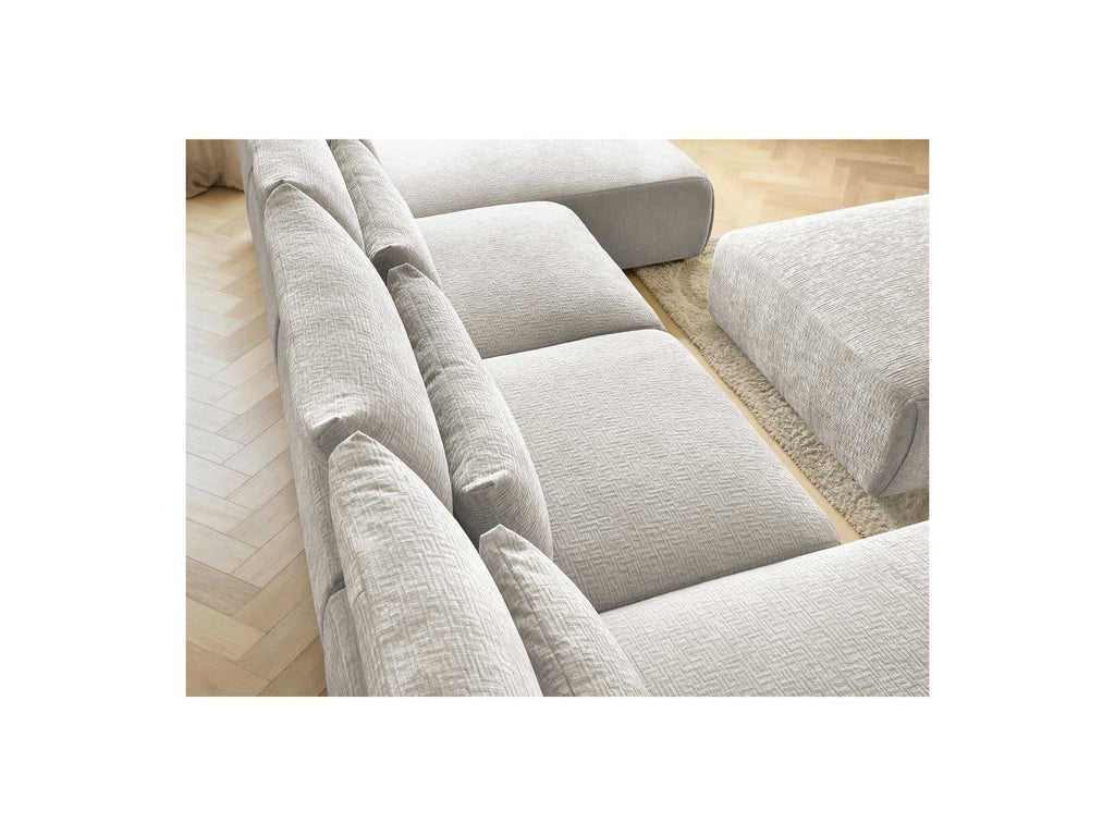 Jana - Canapé Panoramique Fixe Modulable Avec Têtières - Tissu Texturé Avec 2 Méridiennes, 2 Chauffeuses Et 1 Grand Pouf