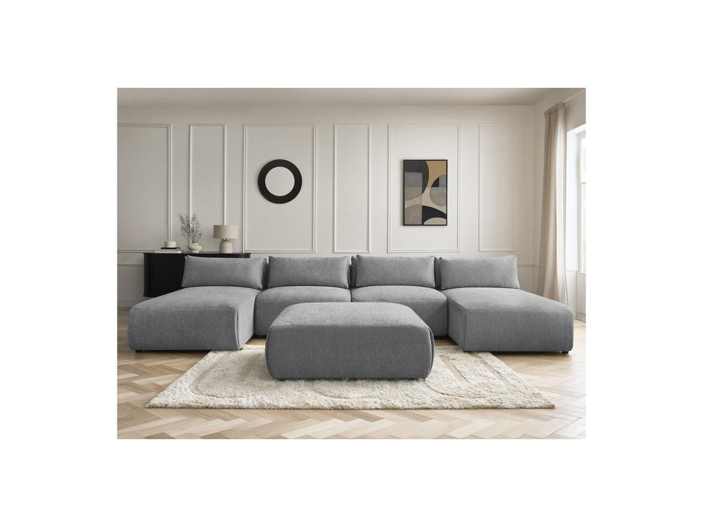 Jana - Canapé Panoramique Fixe Modulable Avec Têtières - Tissu Texturé Avec 2 Méridiennes, 2 Chauffeuses Et 1 Grand Pouf