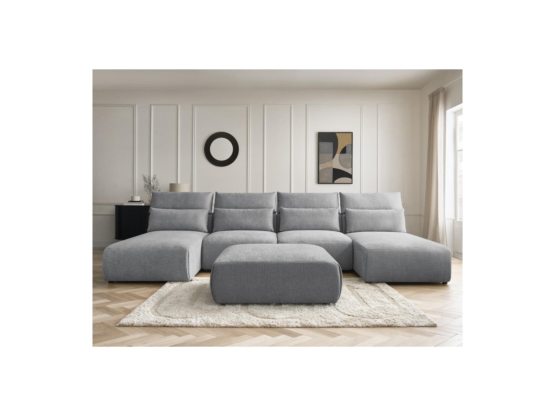 Jana - Canapé Panoramique Fixe Modulable Avec Têtières - Tissu Texturé Avec 2 Méridiennes, 2 Chauffeuses Et 1 Grand Pouf