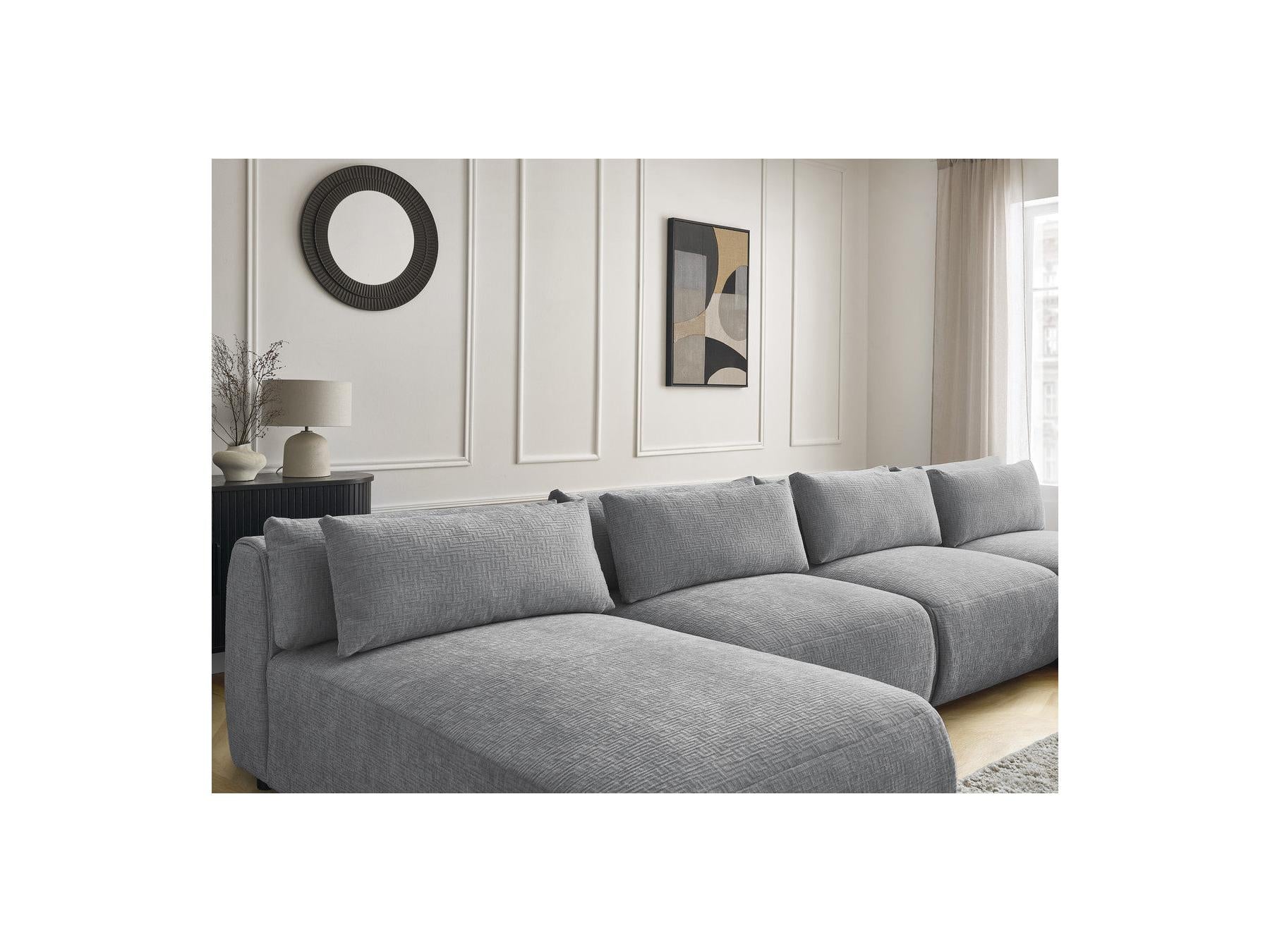 Jana - Canapé Panoramique Fixe Modulable Avec Têtières - Tissu Texturé Avec 2 Méridiennes, 2 Chauffeuses Et 1 Grand Pouf