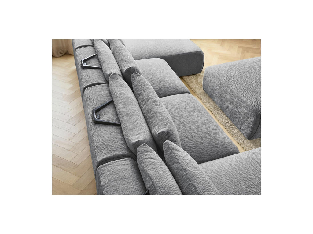 Jana - Canapé Panoramique Fixe Modulable Avec Têtières - Tissu Texturé Avec 2 Méridiennes, 2 Chauffeuses Et 1 Grand Pouf