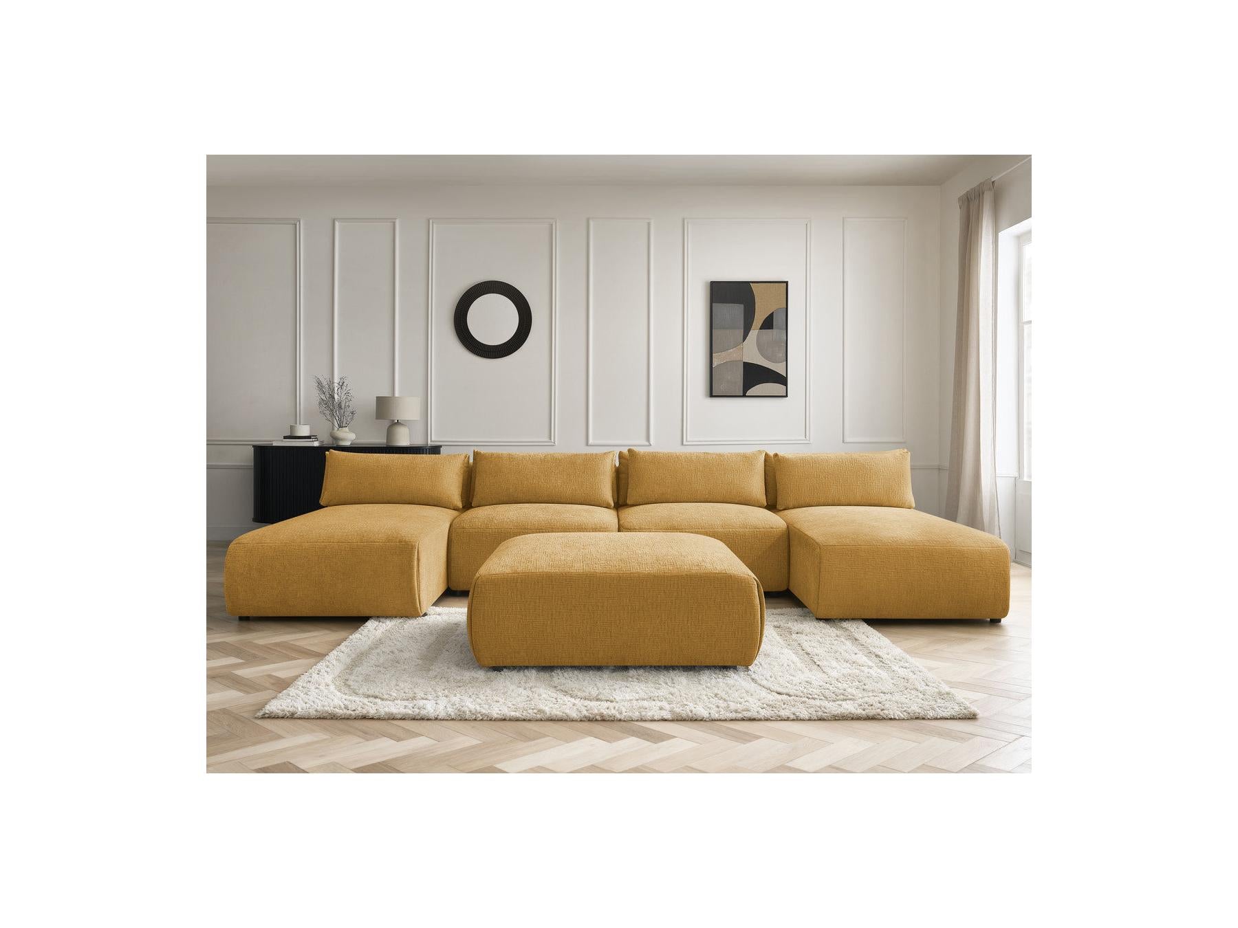 Jana - Canapé Panoramique Fixe Modulable Avec Têtières - Tissu Texturé Avec 2 Méridiennes, 2 Chauffeuses Et 1 Grand Pouf