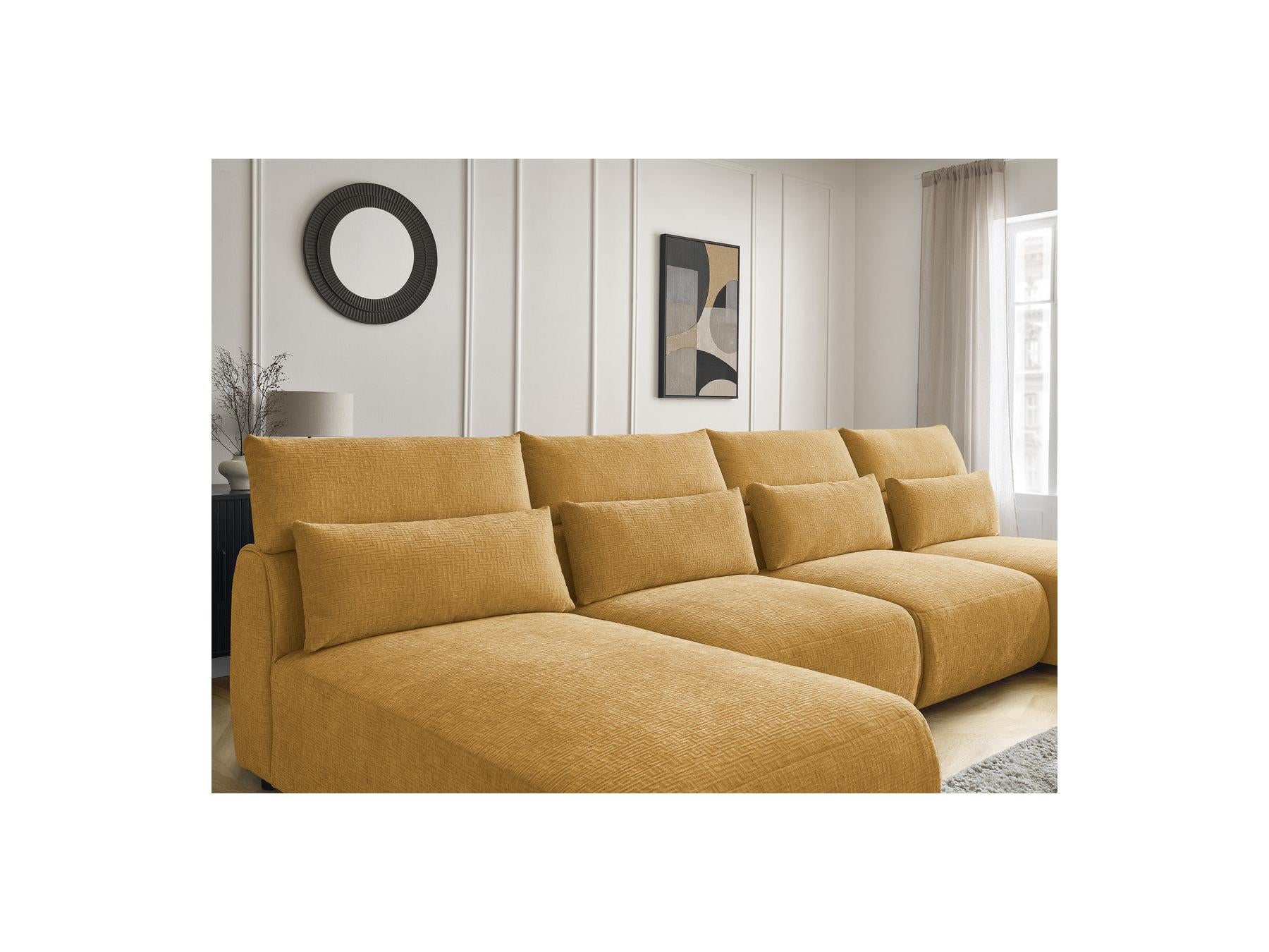 Jana - Canapé Panoramique Fixe Modulable Avec Têtières - Tissu Texturé Avec 2 Méridiennes, 2 Chauffeuses Et 1 Grand Pouf