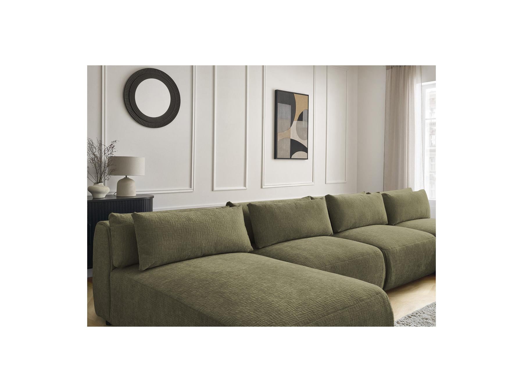 Jana - Canapé Panoramique Fixe Modulable Avec Têtières - Tissu Texturé Avec 2 Méridiennes, 2 Chauffeuses Et 1 Grand Pouf