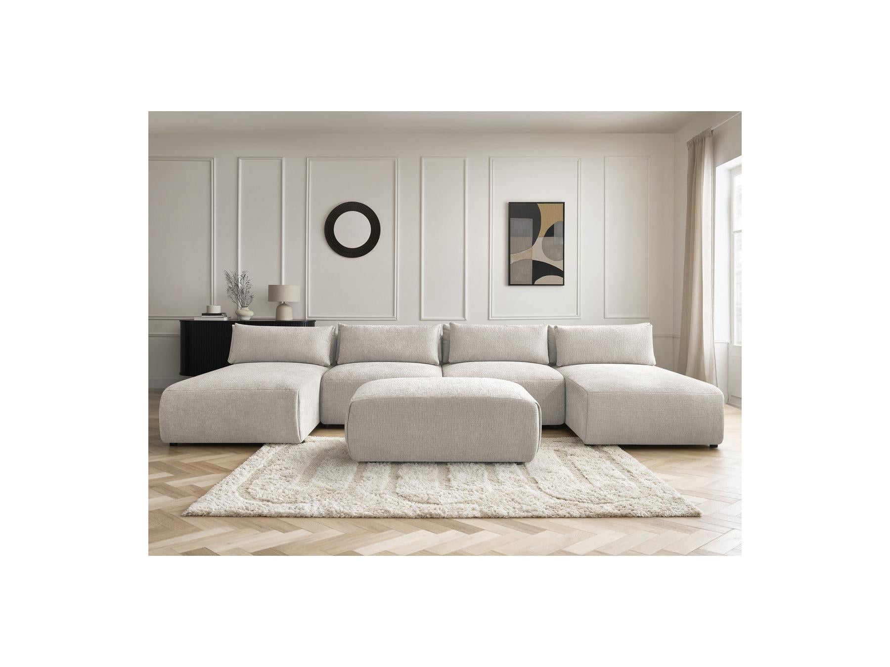 Jana - Canapé Panoramique Fixe Modulable Avec Têtières - Tissu Texturé Avec 2 Méridiennes, 2 Chauffeuses Et 1 Petit Pouf
