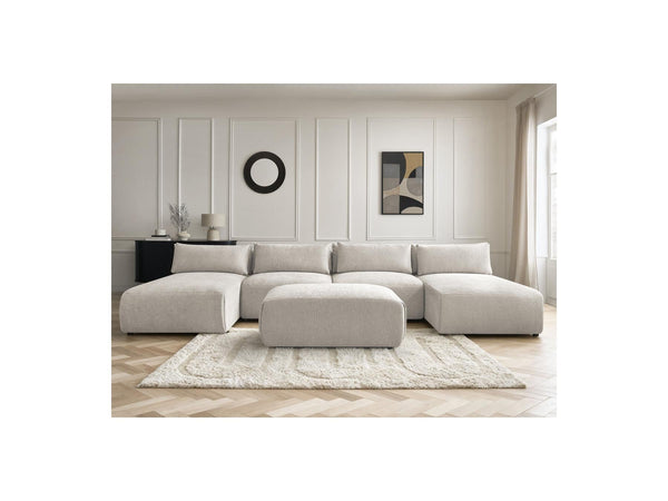 Jana - Canapé Panoramique Fixe Modulable Avec Têtières - Tissu Texturé Avec 2 Méridiennes, 2 Chauffeuses Et 1 Petit Pouf