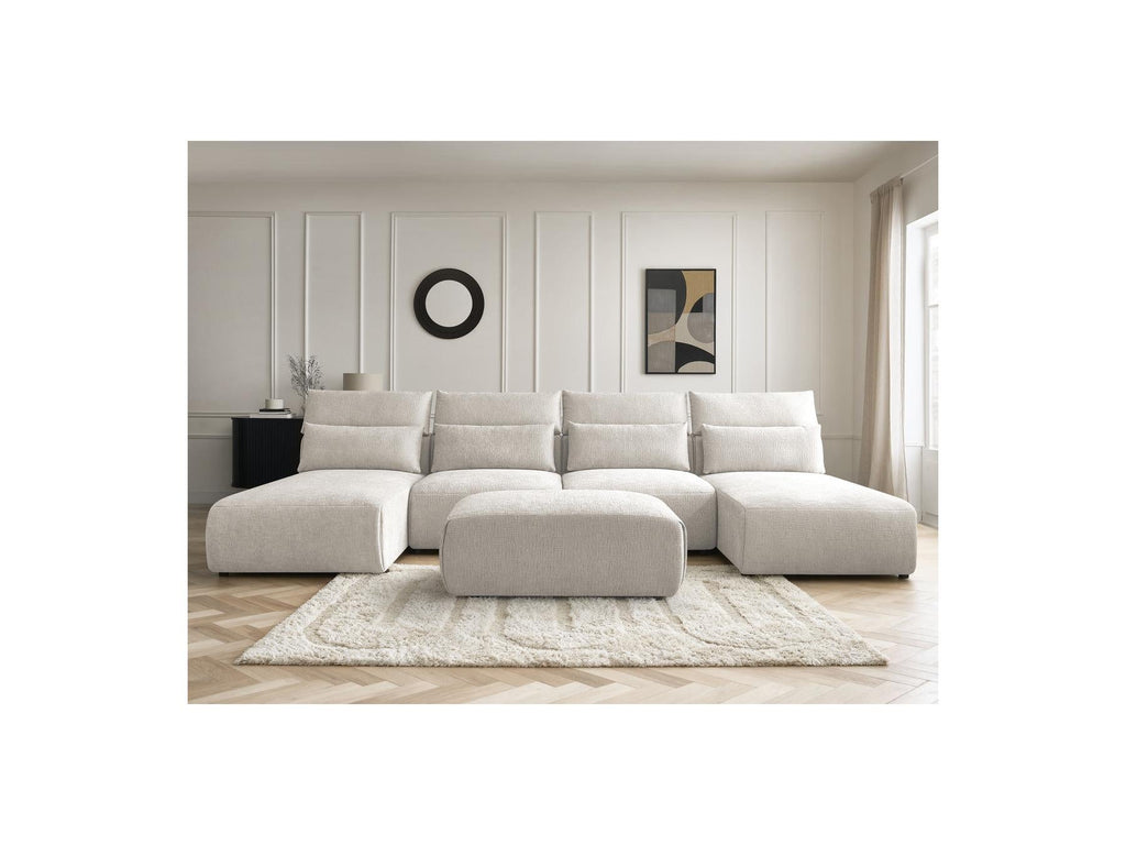 Jana - Canapé Panoramique Fixe Modulable Avec Têtières - Tissu Texturé Avec 2 Méridiennes, 2 Chauffeuses Et 1 Petit Pouf