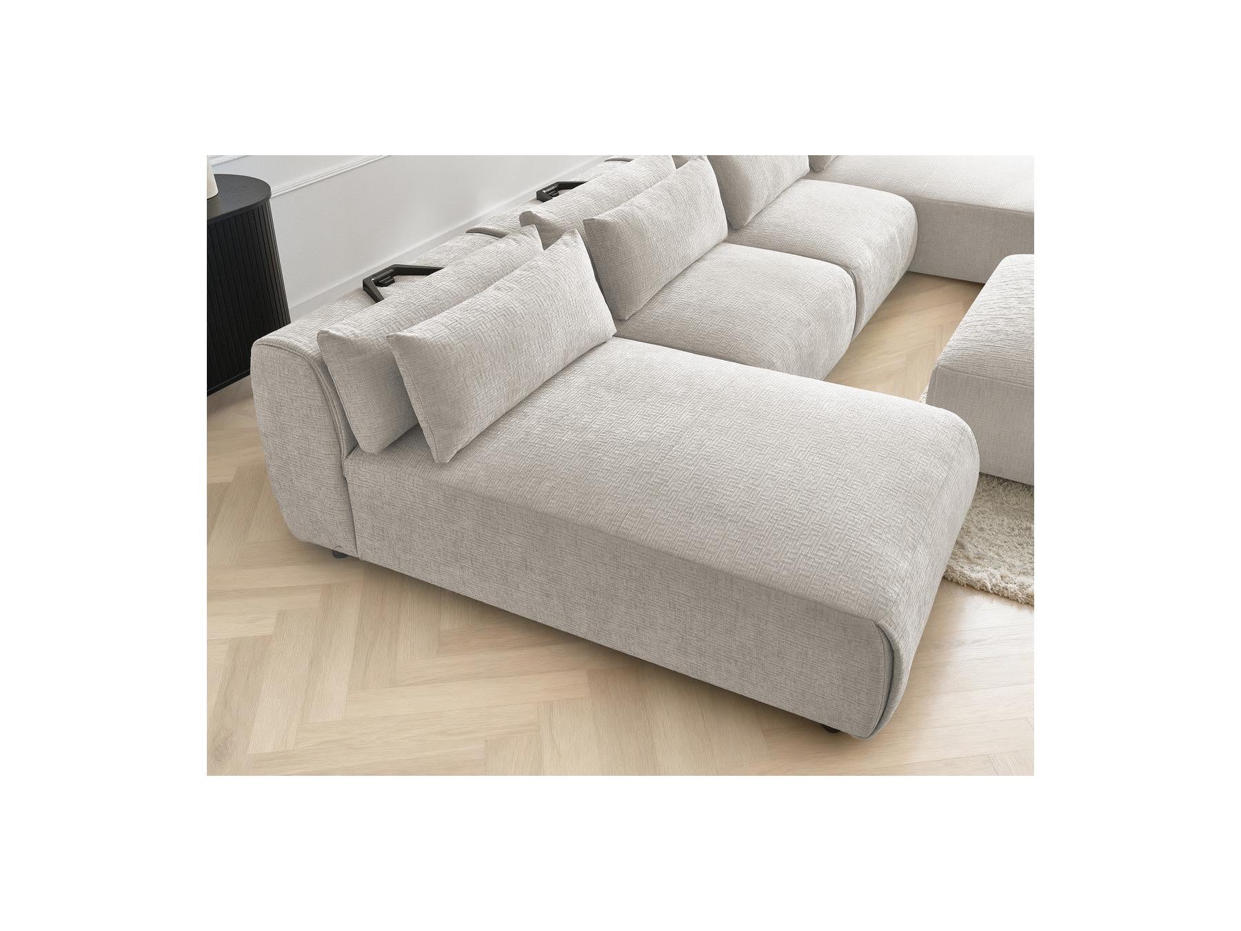 Jana - Canapé Panoramique Fixe Modulable Avec Têtières - Tissu Texturé Avec 2 Méridiennes, 2 Chauffeuses Et 1 Petit Pouf