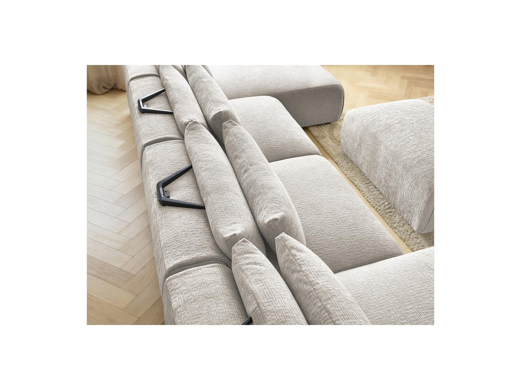 Jana - Canapé Panoramique Fixe Modulable Avec Têtières - Tissu Texturé Avec 2 Méridiennes, 2 Chauffeuses Et 1 Petit Pouf