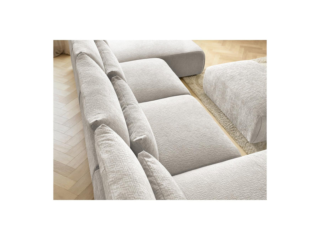 Jana - Canapé Panoramique Fixe Modulable Avec Têtières - Tissu Texturé Avec 2 Méridiennes, 2 Chauffeuses Et 1 Petit Pouf