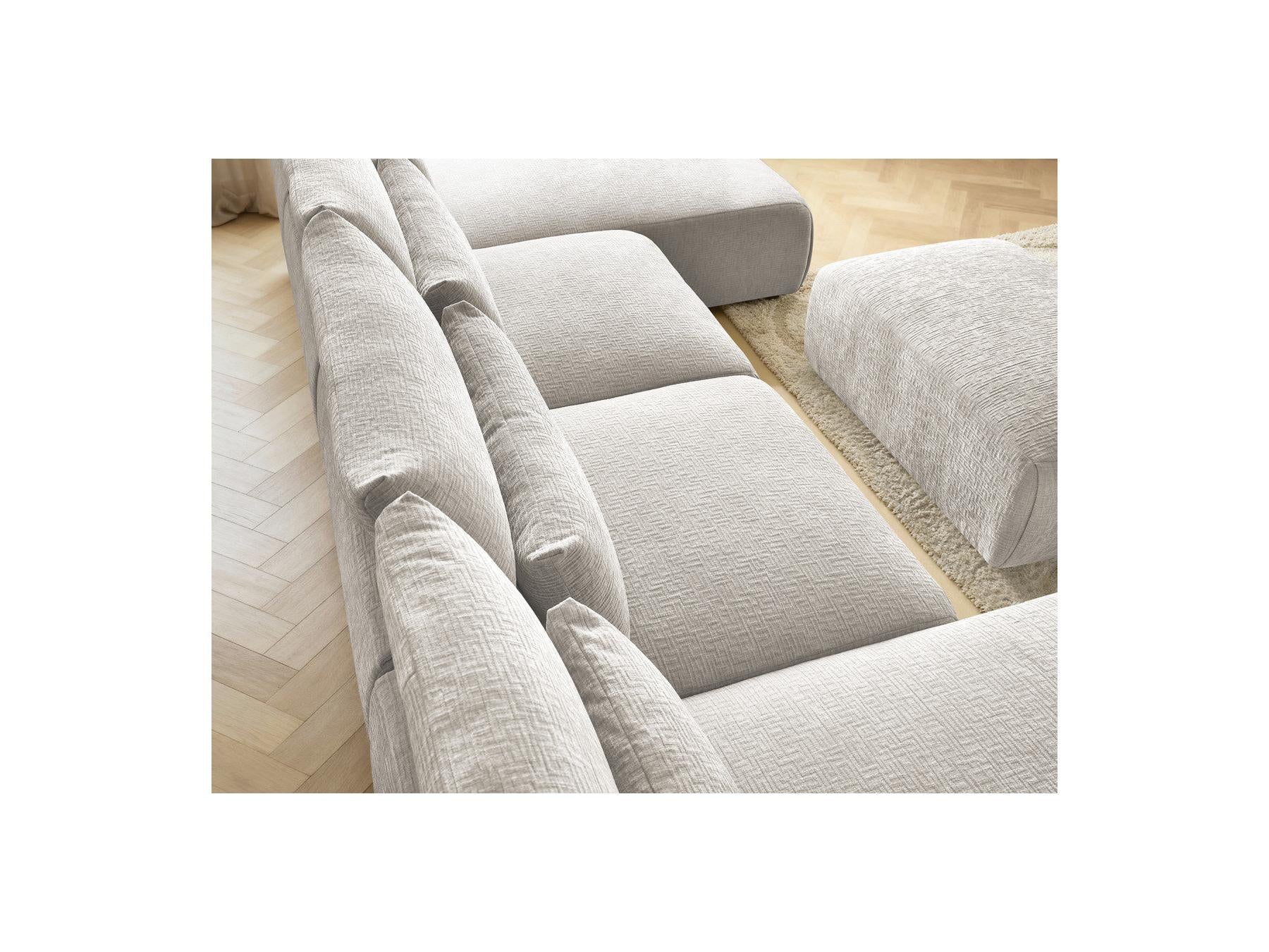 Jana - Canapé Panoramique Fixe Modulable Avec Têtières - Tissu Texturé Avec 2 Méridiennes, 2 Chauffeuses Et 1 Petit Pouf