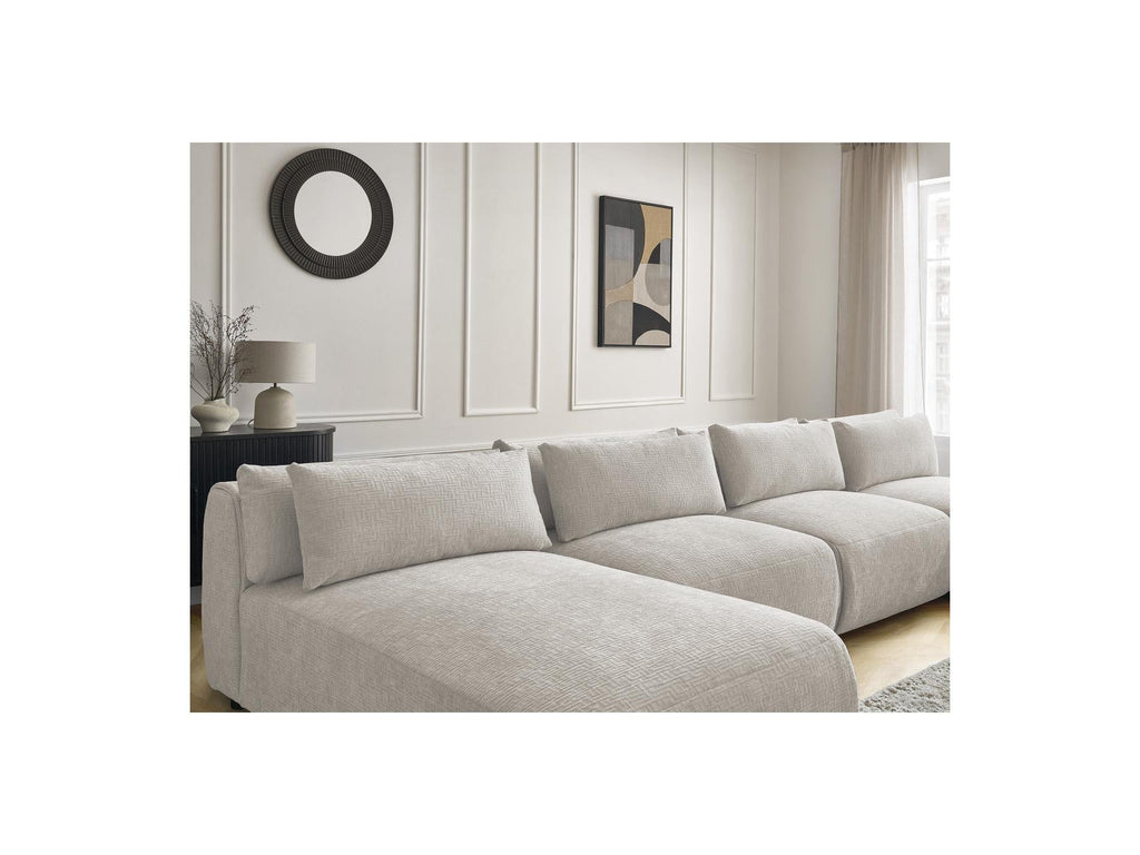 Jana - Canapé Panoramique Fixe Modulable Avec Têtières - Tissu Texturé Avec 2 Méridiennes, 2 Chauffeuses Et 1 Petit Pouf