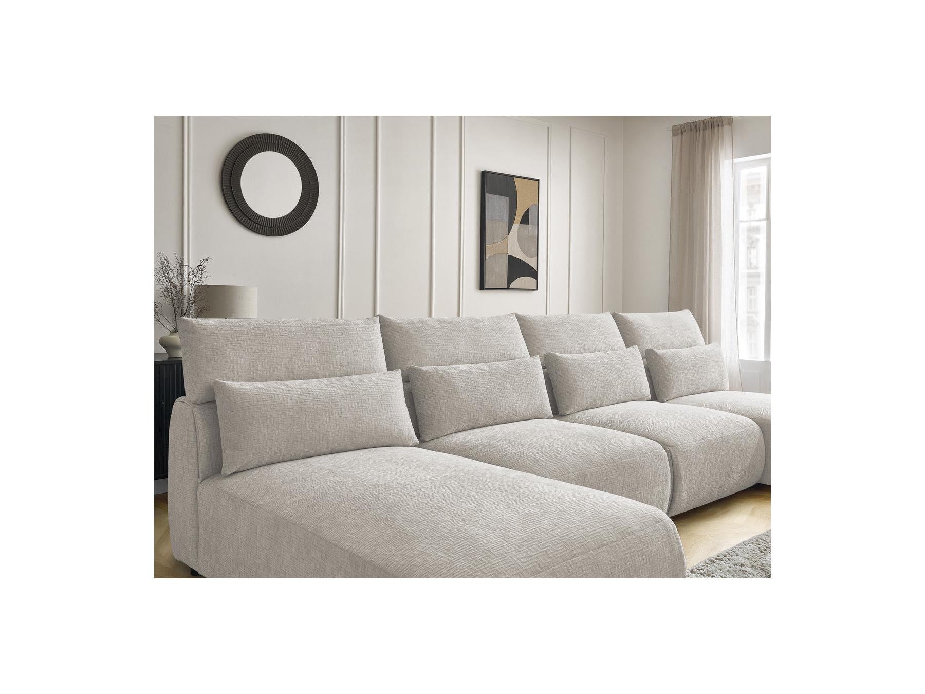 Jana - Canapé Panoramique Fixe Modulable Avec Têtières - Tissu Texturé Avec 2 Méridiennes, 2 Chauffeuses Et 1 Petit Pouf