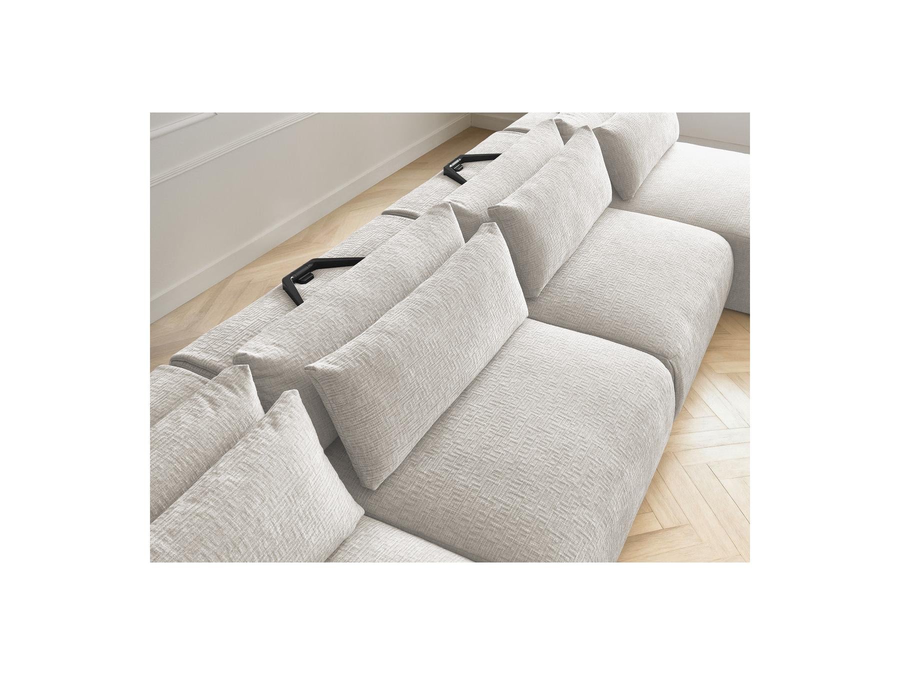Jana - Canapé Panoramique Fixe Modulable Avec Têtières - Tissu Texturé Avec 2 Méridiennes, 2 Chauffeuses Et 1 Petit Pouf